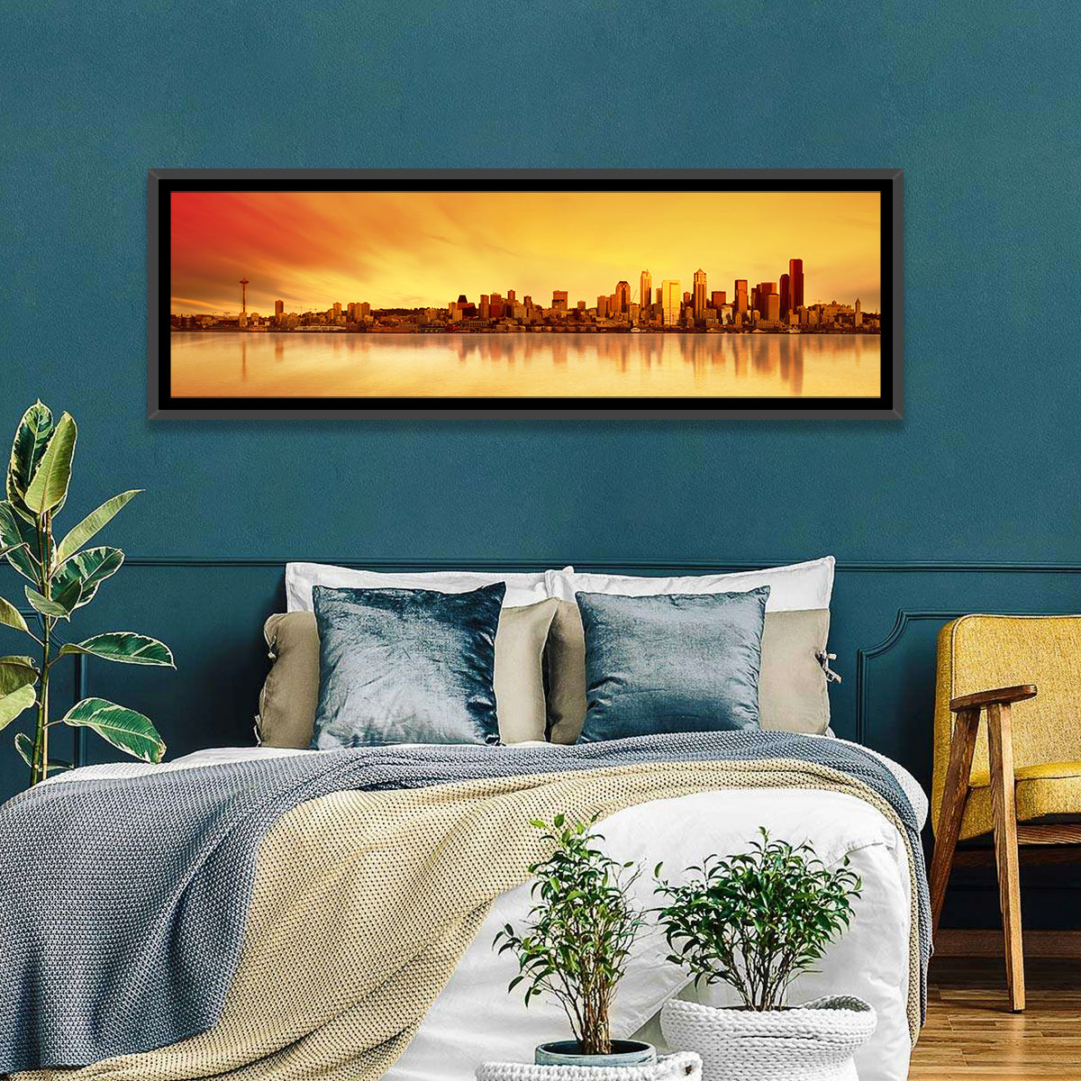 Seattle Skyline in Golden Hour Wall Art in a room, panoramic