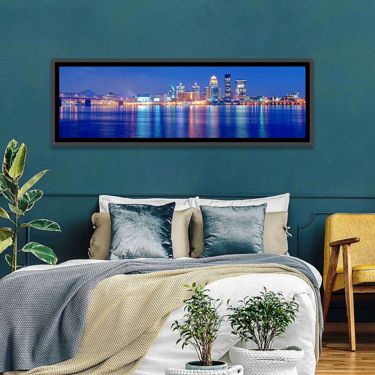 Louisville Skyline at Dusk Wall Art in a room, panoramic