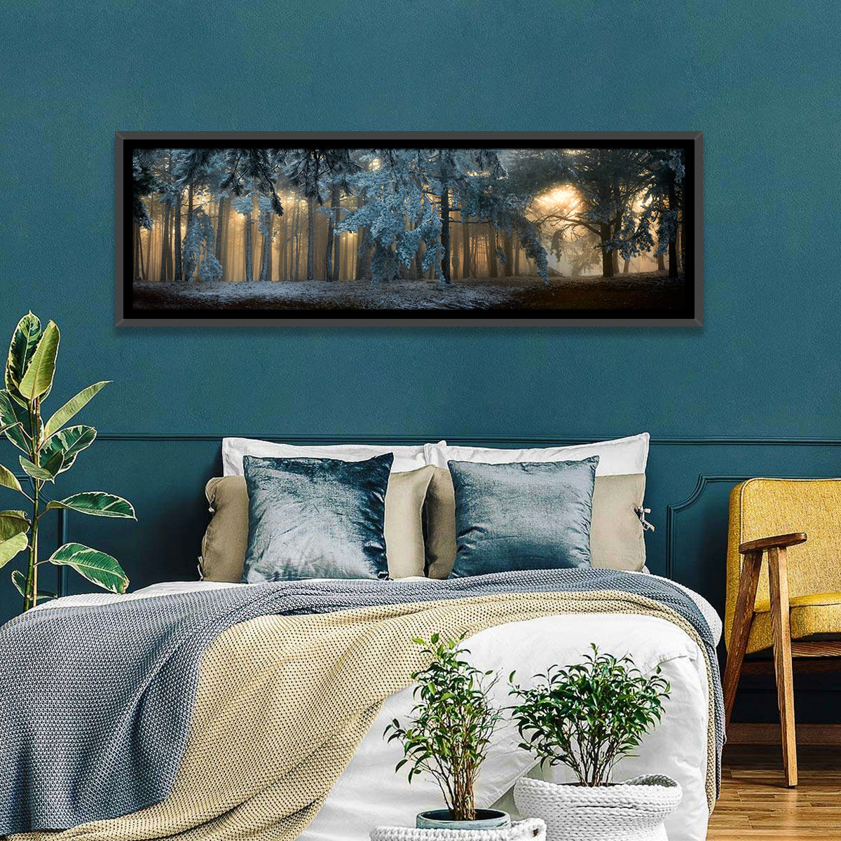 Sunlit Snow Covered Forest Wall Art in a room, panoramic