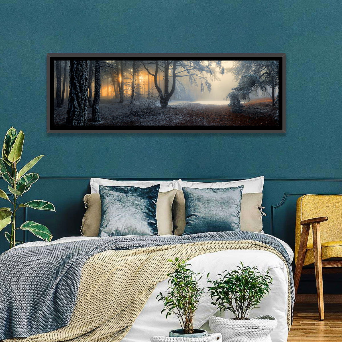 Frosted Forest Morning Light Wall Art in a room, panoramic