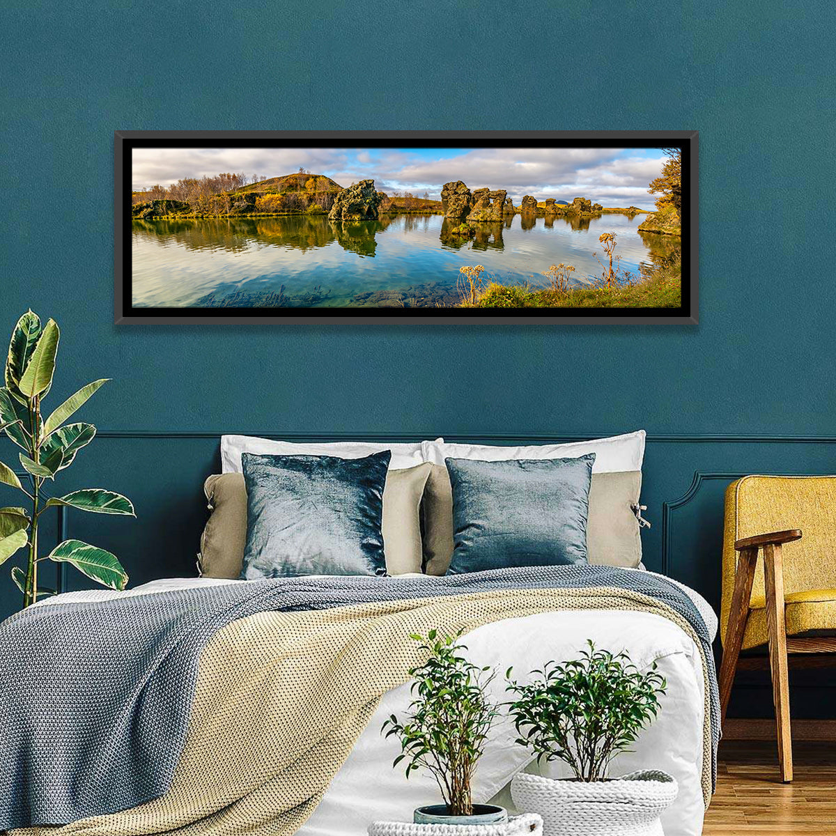 Myvatn Volcanic Rock Reflections Wall Art in a room, panoramic