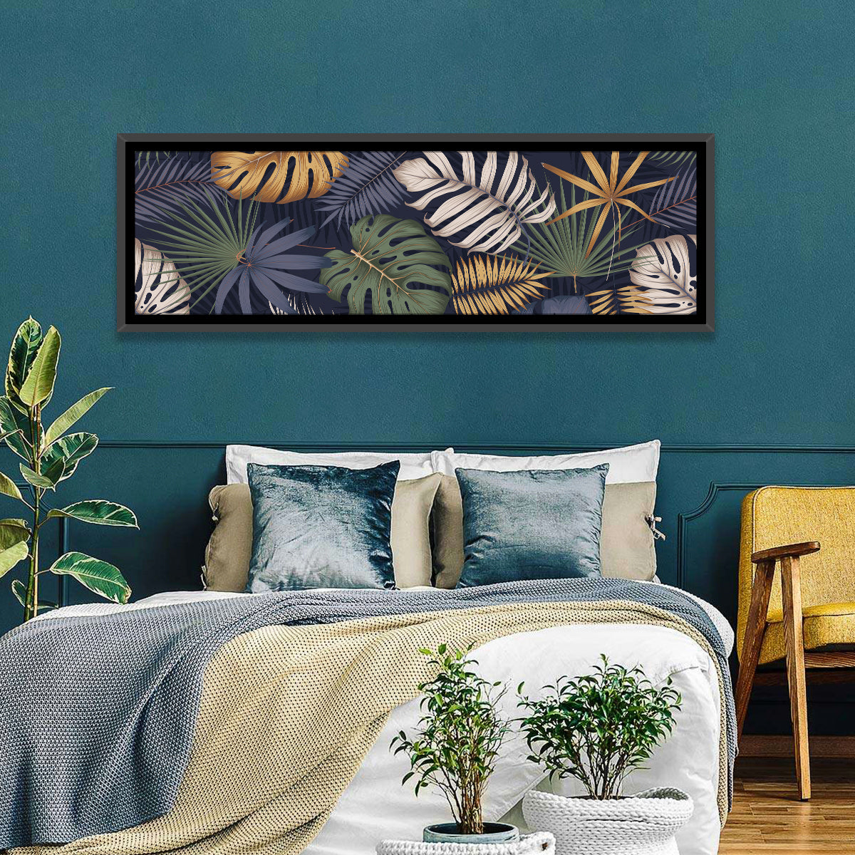 Layered Tropical Leaves Pattern Wall Art in a room, panoramic
