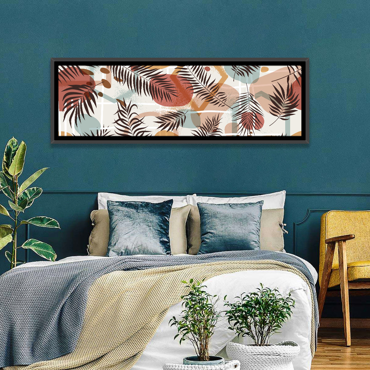 Geometric Tropical Leaves Wall Art in a room, panoramic