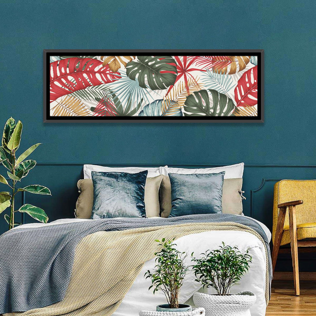 Red and Green Tropical Leaves Pattern Wall Art