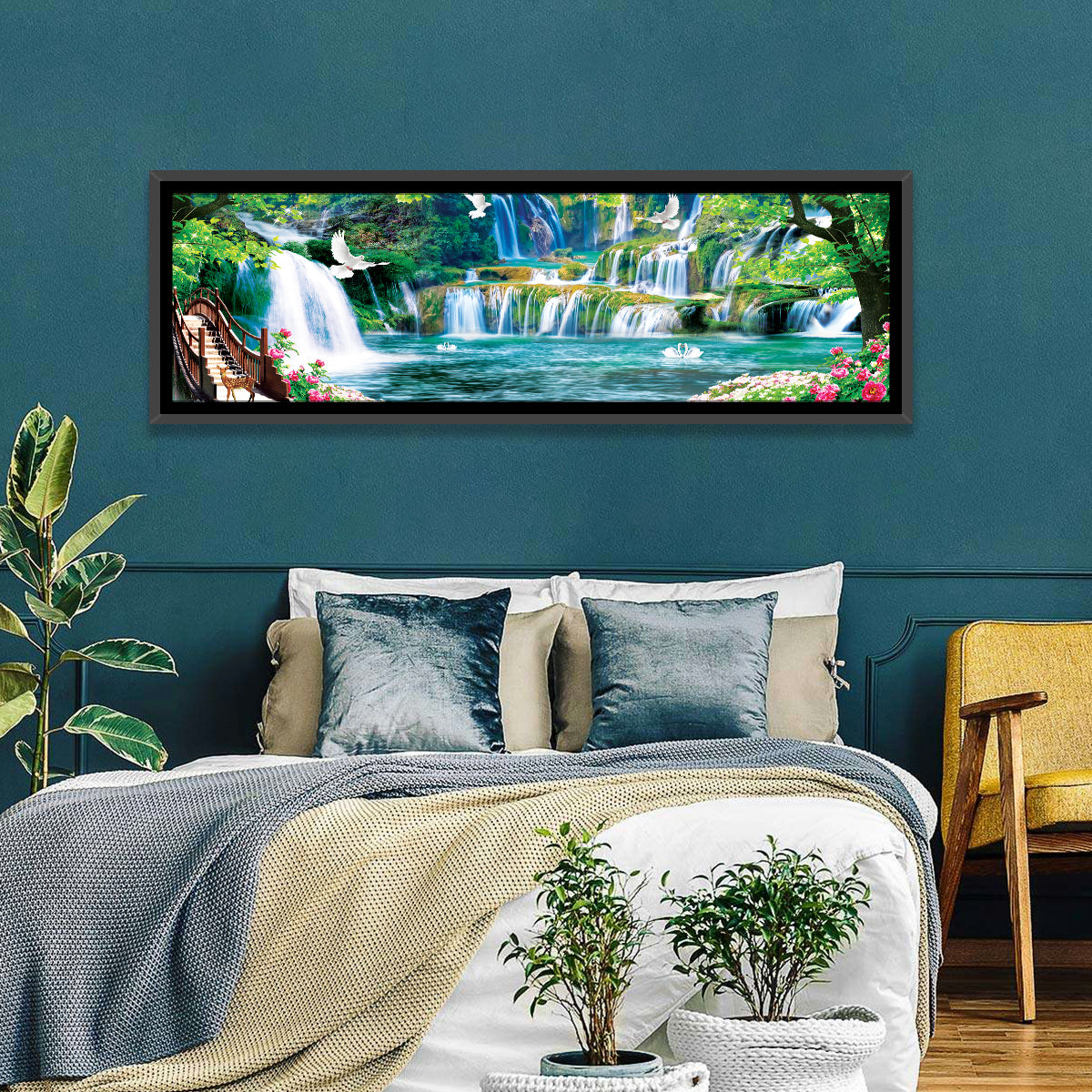 Heavenly Waterfall Scene Wall Art in a room, panoramic