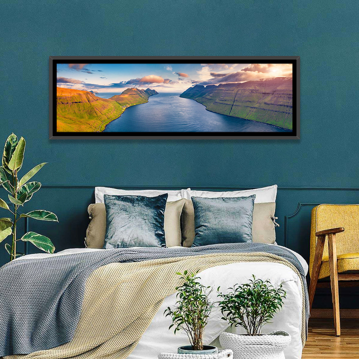 Kalsoy Island Golden Hour Wall Art in a room, panoramic