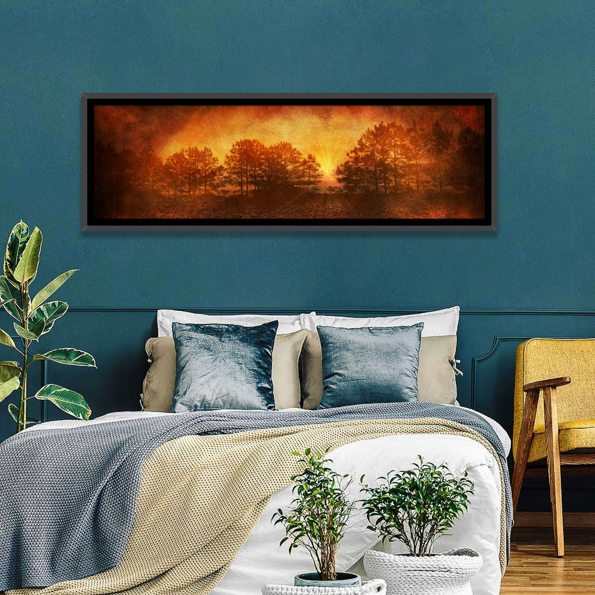 Autumn Forest Sunset Wall Art in a room, panoramic