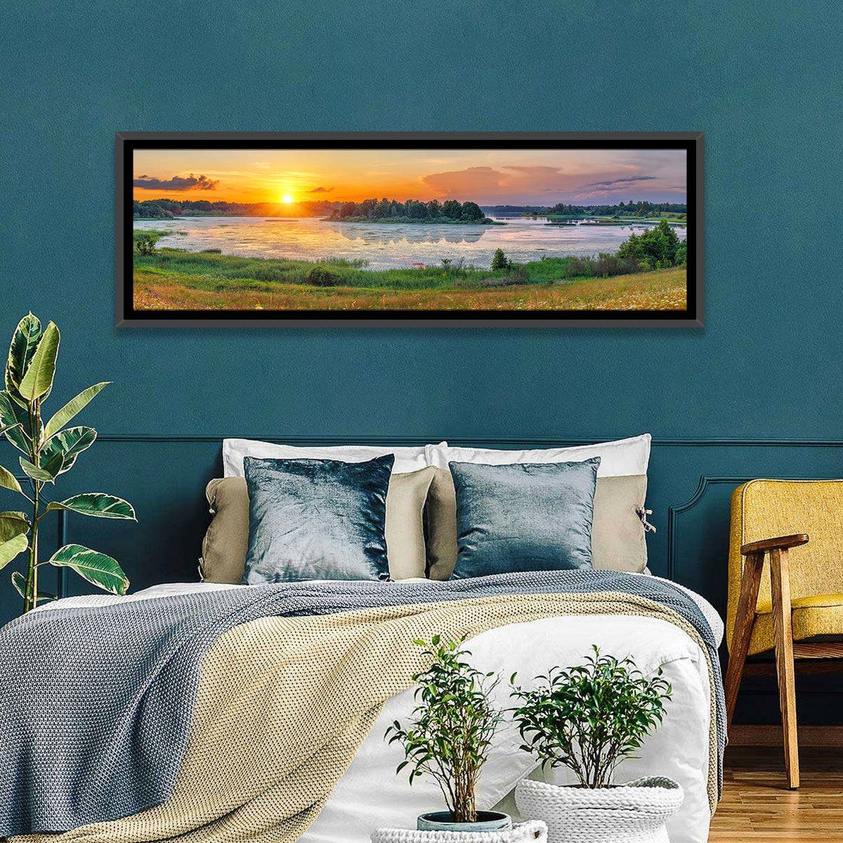 Sunset Over Lake Wall Art in a room, panoramic