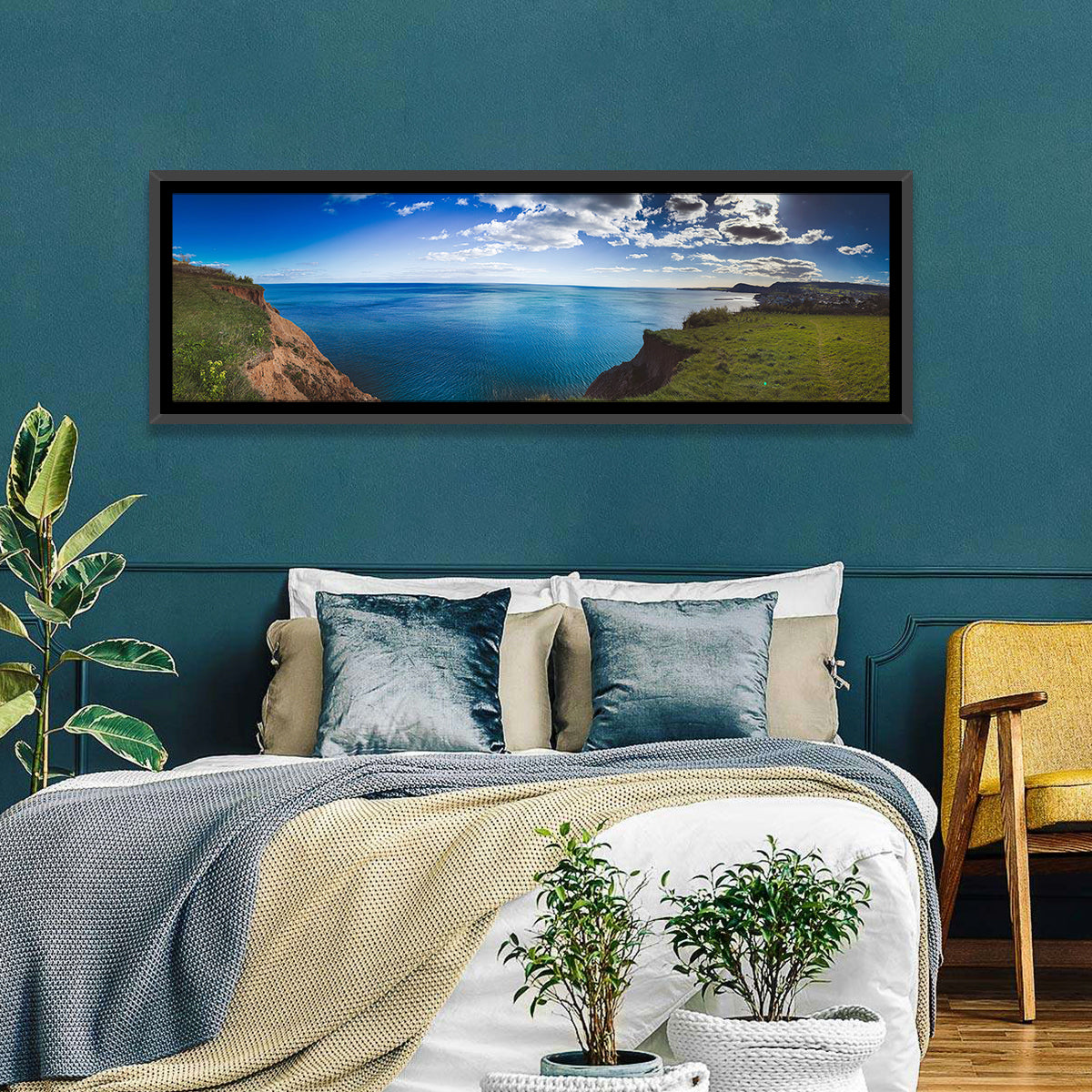 Sidmouth Cliffs and Sea View Wall Art in a room, panoramic