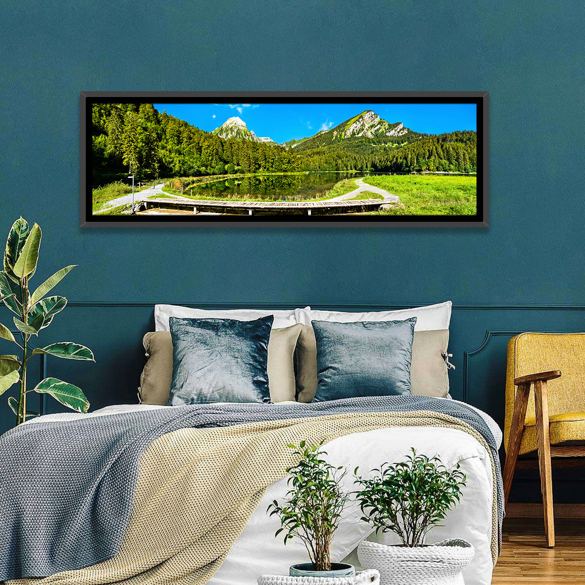 Seealpsee Footbridge Alpine Lake Wall Art in a room, panoramic