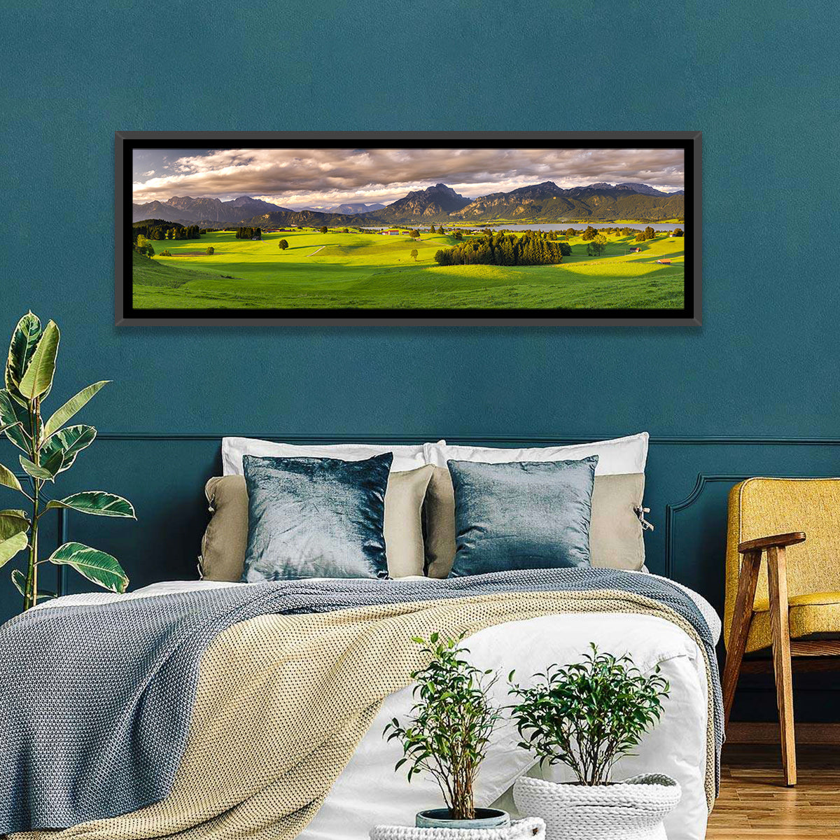 Füssen Forggensee Alpine Lake Landscape Wall Art in a room, panoramic