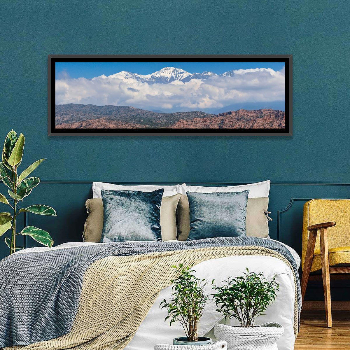 El Plata Snowcapped Peaks Above Cloud Deck Wall Art in a room, panoramic