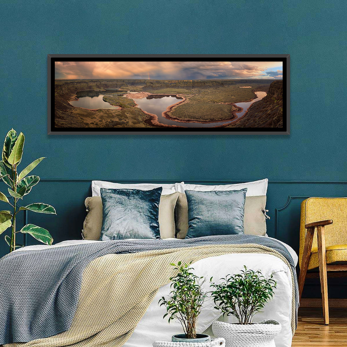 Soap Lake Storm Rainbow Wall Art in a room, panoramic