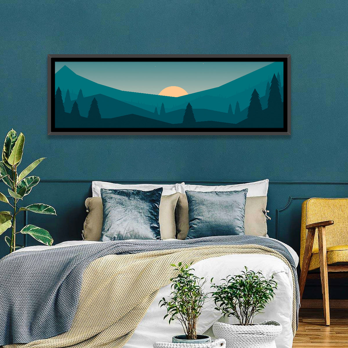 Black Forest Sunset Illustration Wall Art in a room, panoramic