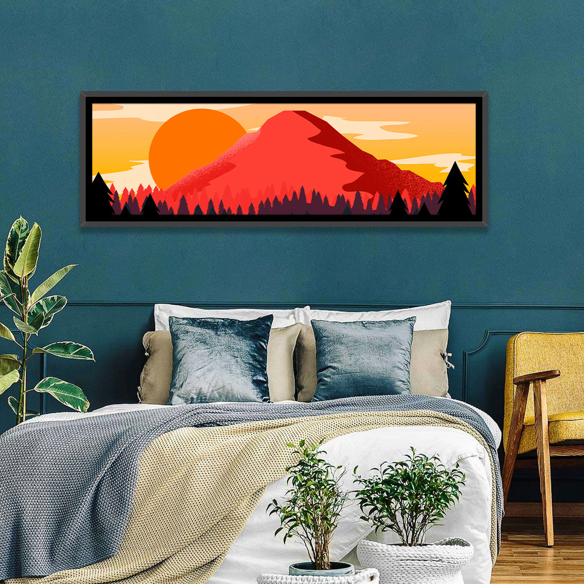 Stippled Red Mountain Sunset Wall Art in a room, panoramic