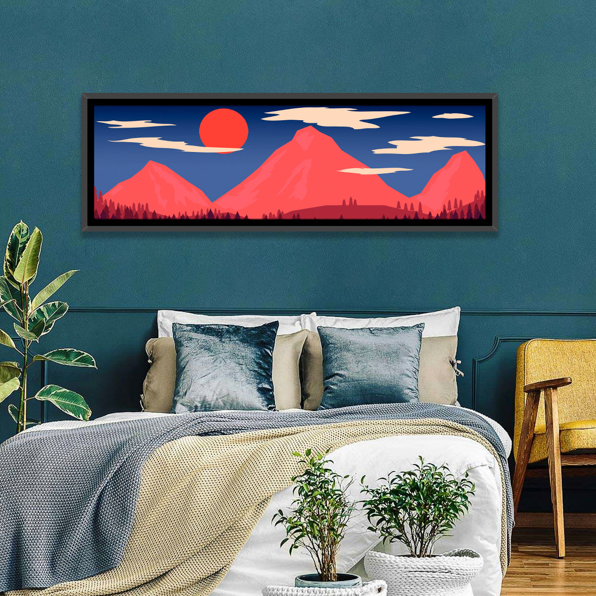 Crimson Sun Over Blue Mountains Wall Art in a room, panoramic