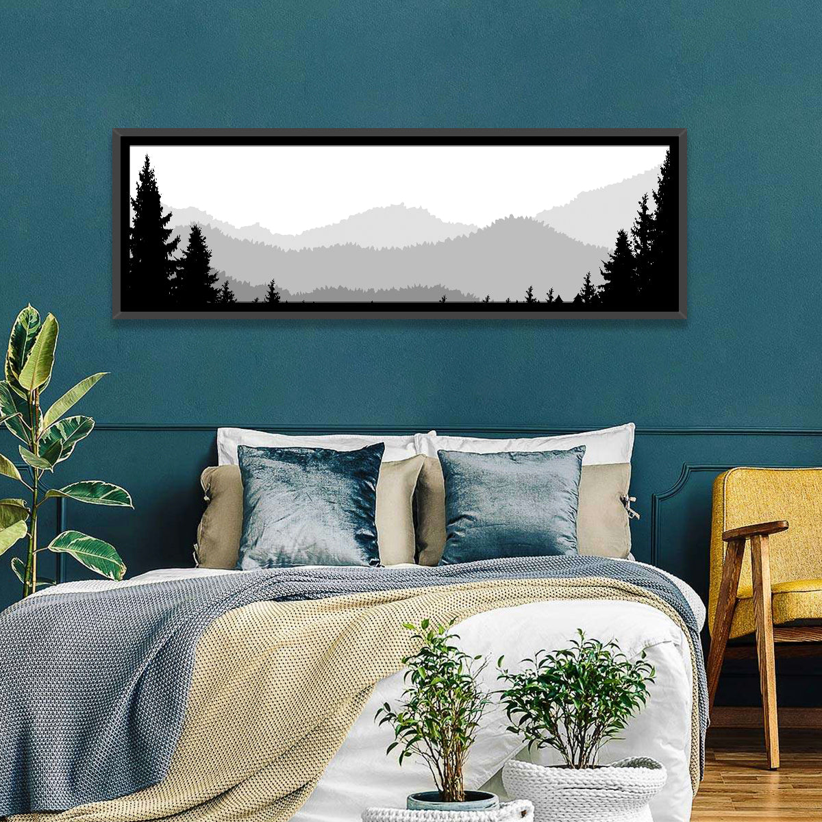 Foggy Mountain Silhouettes Wall Art in a room, panoramic