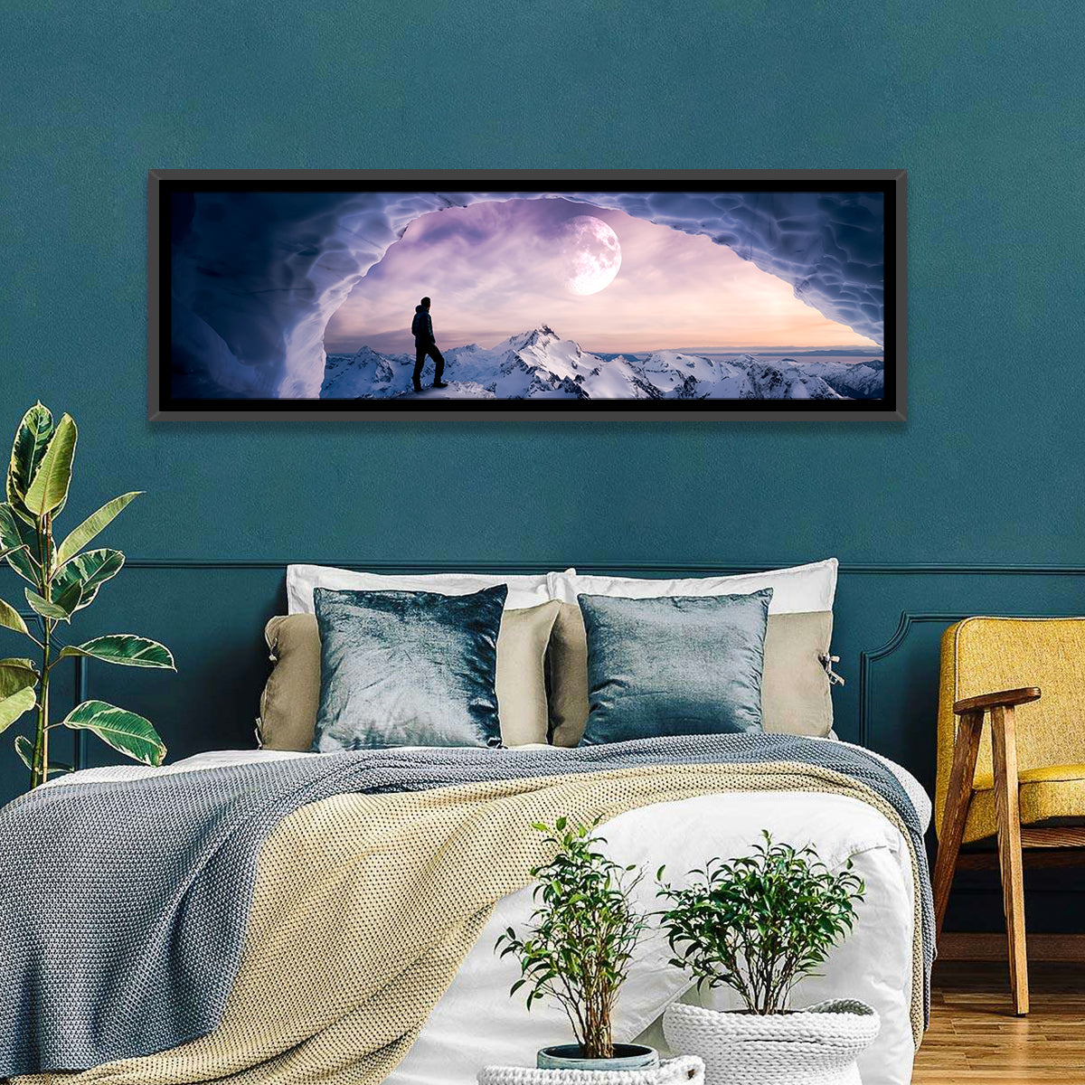 Moonlit Ice Cave Hiker Wall Art in a room, panoramic