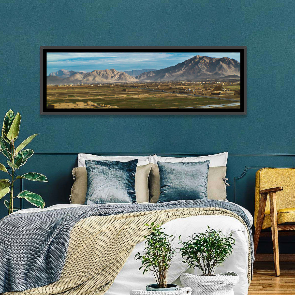 Patchwork Farmland Landscape Wall Art in a room, panoramic