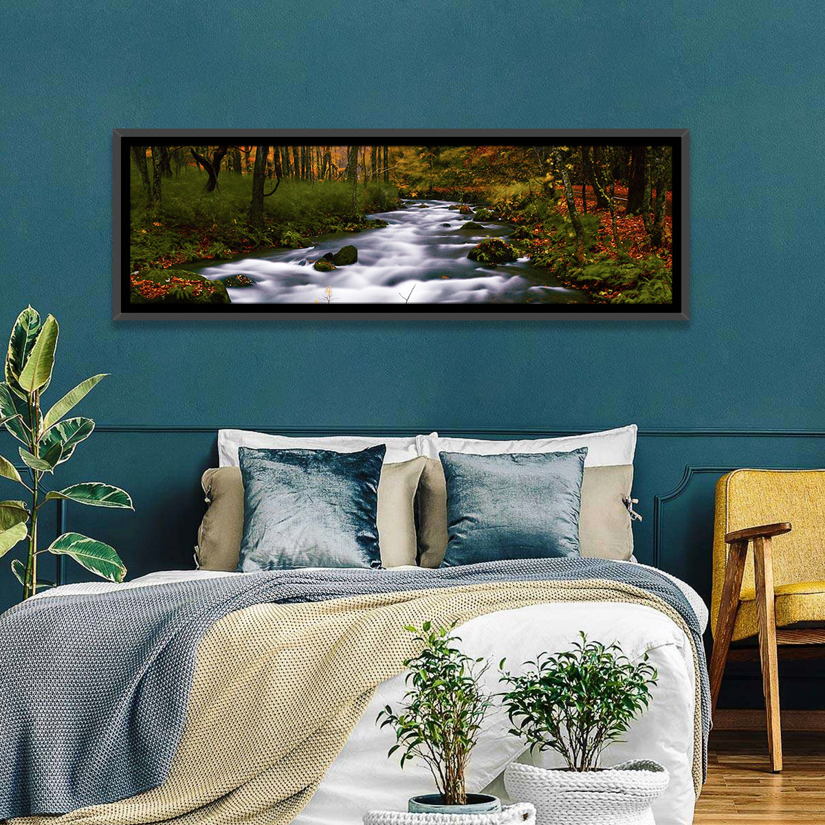 Autumn Forest Stream Wall Art in a room, panoramic