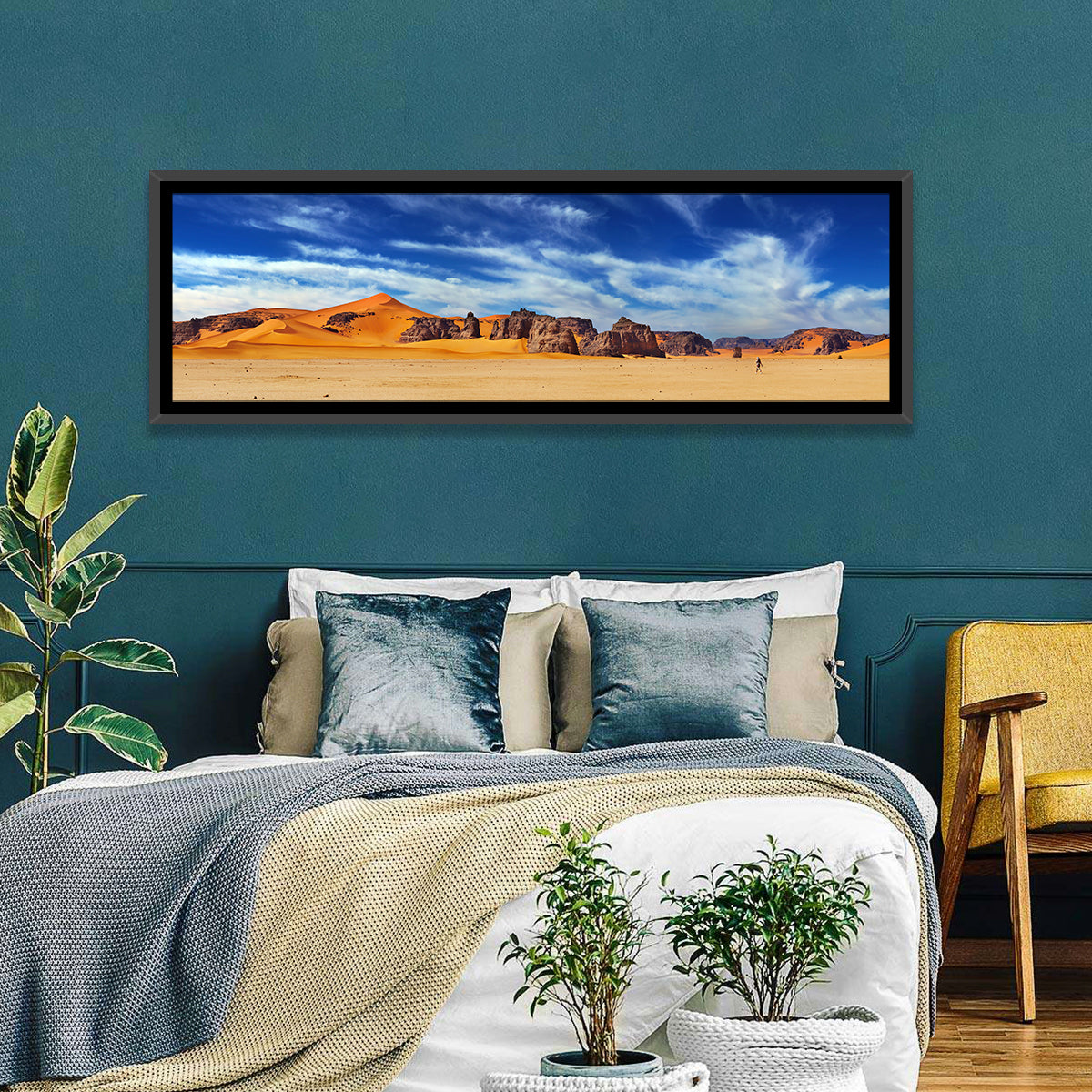 Sahara Sand Dunes Vista Wall Art in a room, panoramic