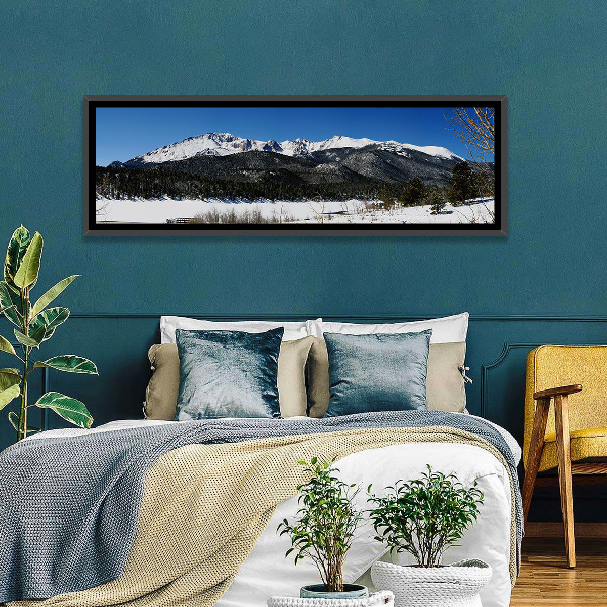 Pikes Peak Winter View Wall Art in a room, panoramic