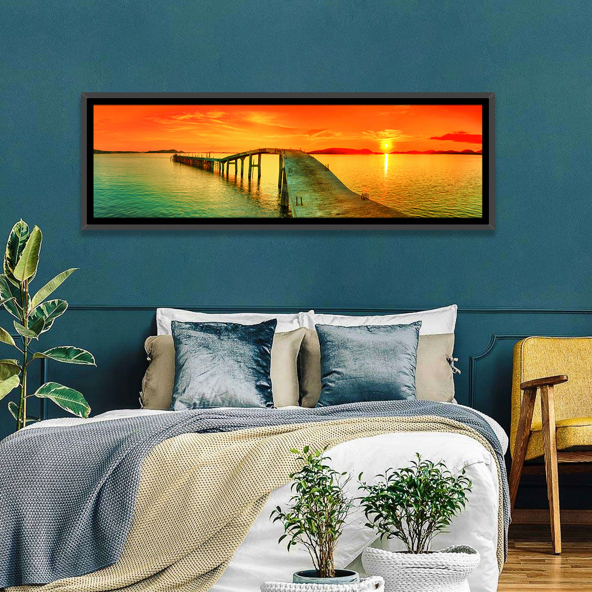 Sea Pier Sunset Wall Art in a room, panoramic
