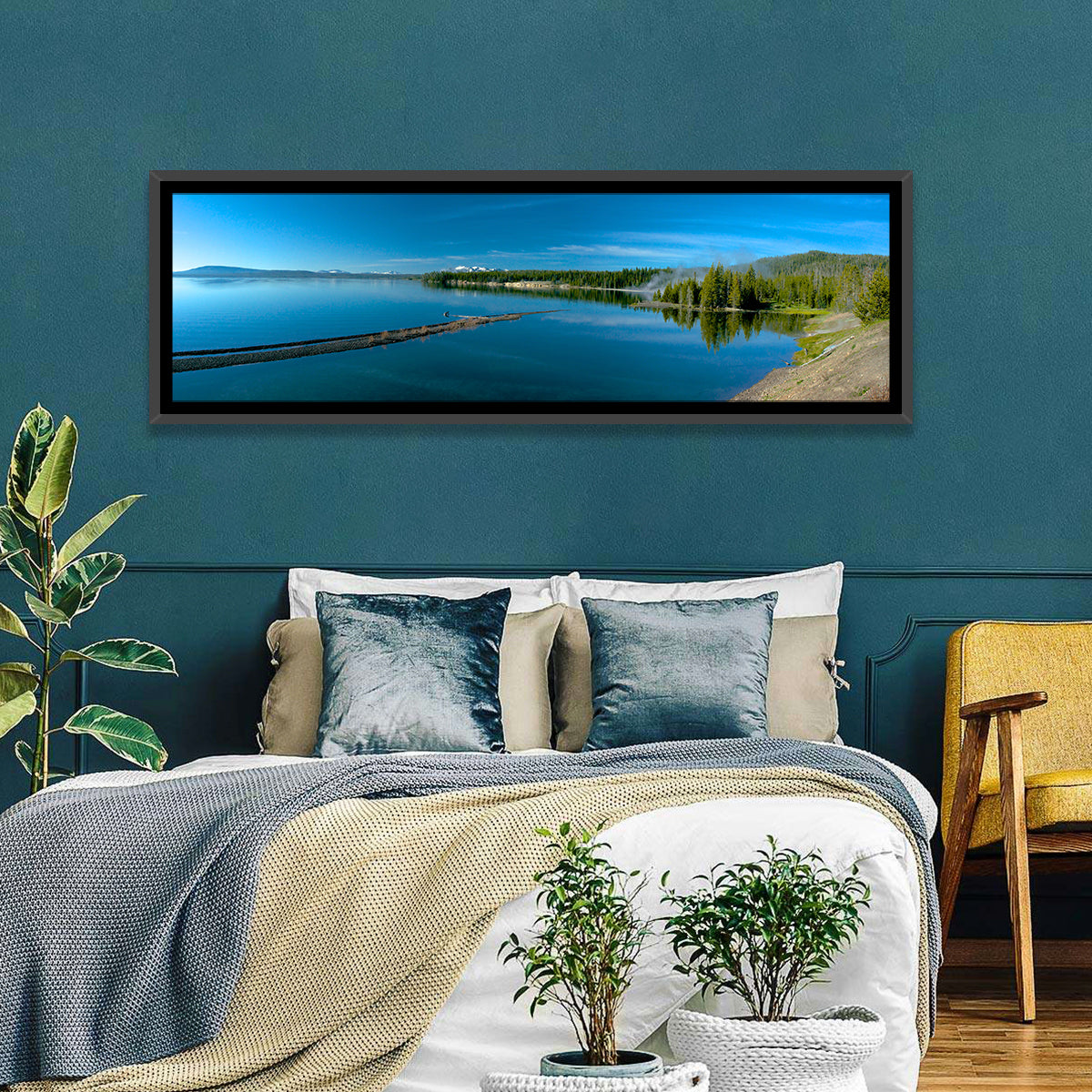 Yellowstone Lake Shore Wall Art in a room, panoramic
