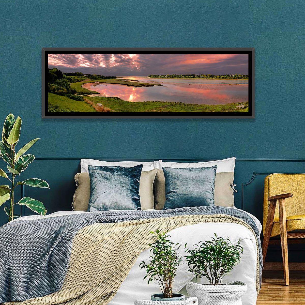 Cape Cod Cloudy Sunrise Wall Art in a room, panoramic