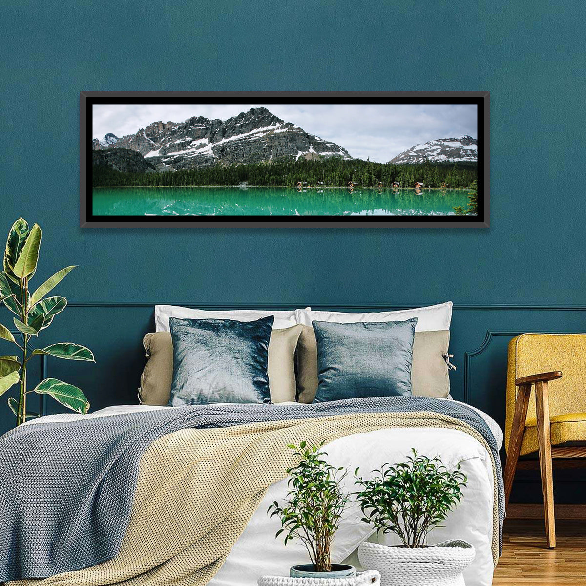 Lake Ohara Turquoise Reflection Wall Art in a room, panoramic