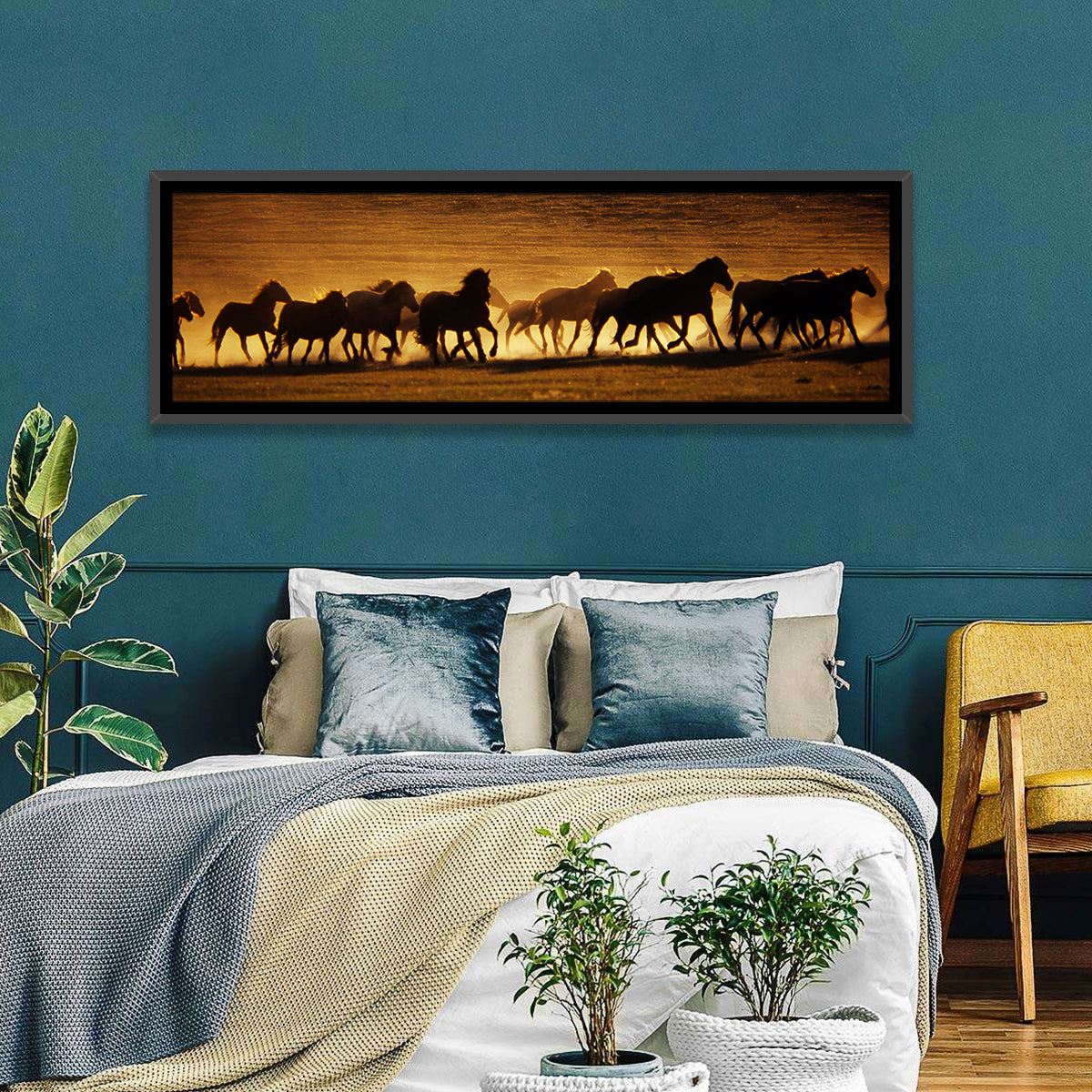 Running Wild Horses at Sunset Wall Art in a room, panoramic