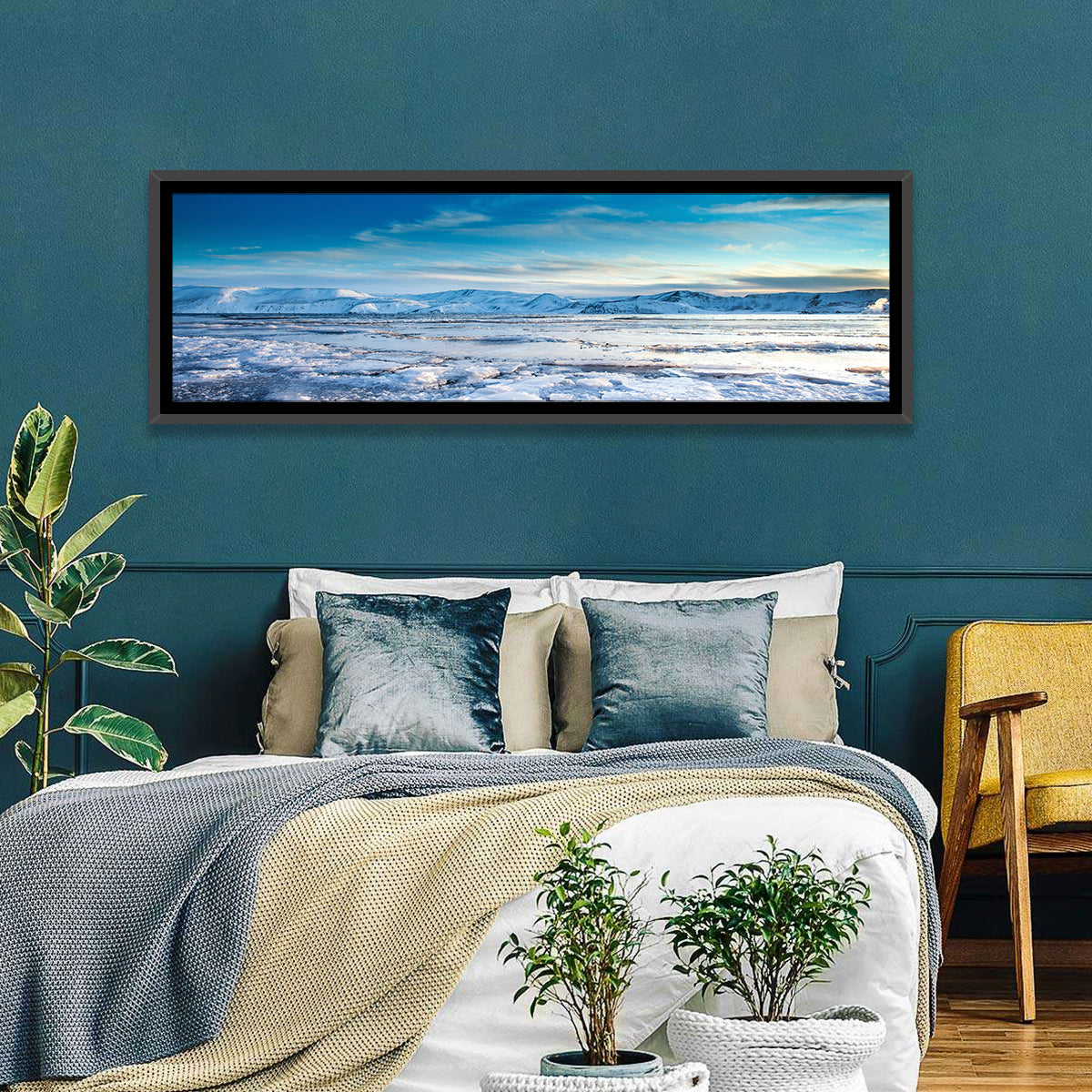 Kleifarvatn Winter Horizon Wall Art in a room, panoramic