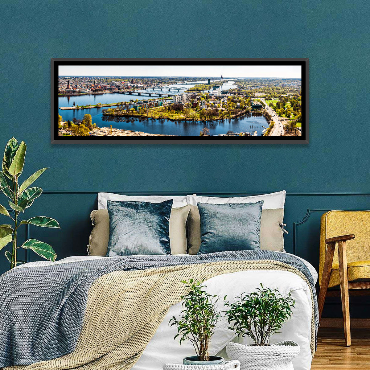 Riga Daugava River View Wall Art in a room, panoramic
