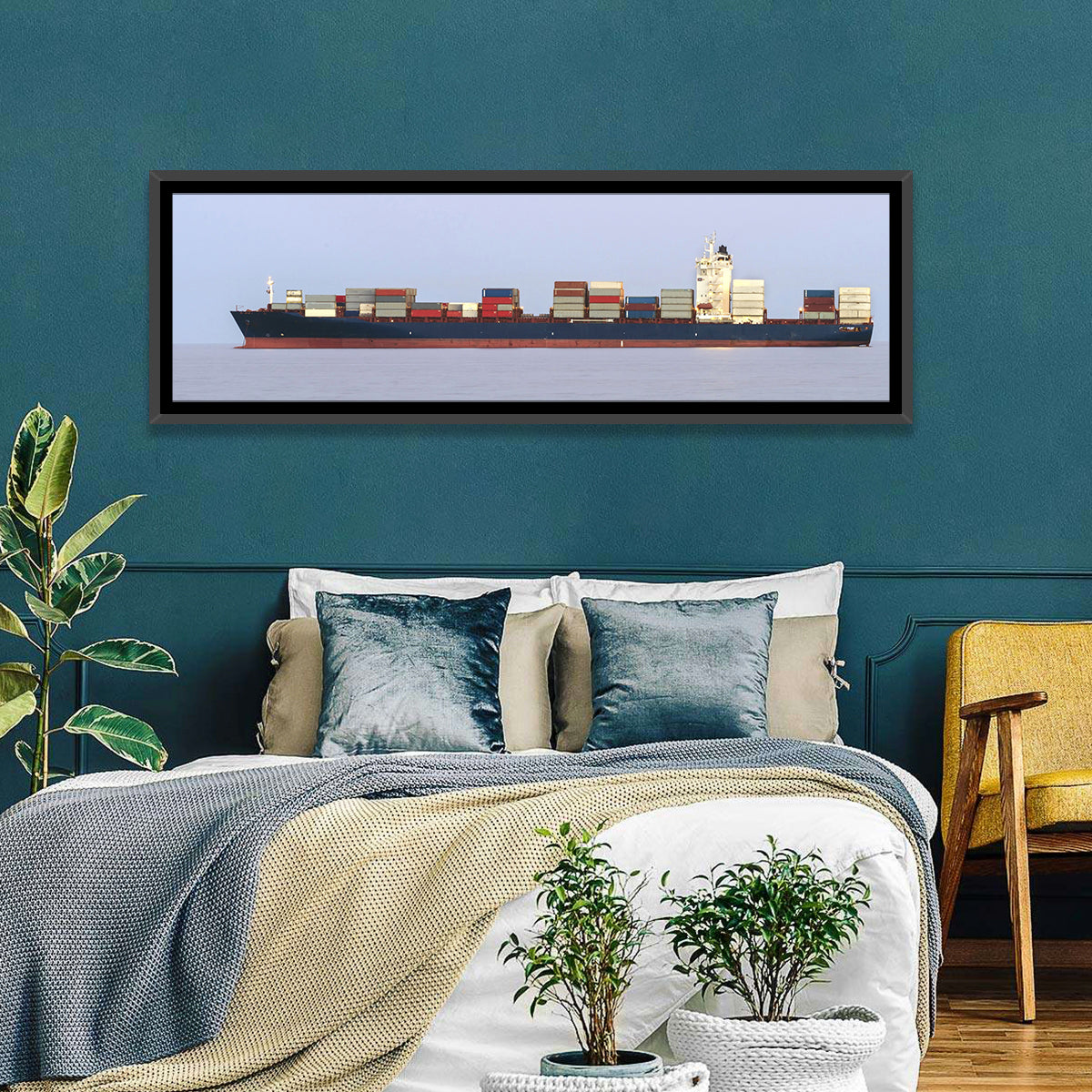 Container Ship on the Ocean Wall Art in a room, panoramic