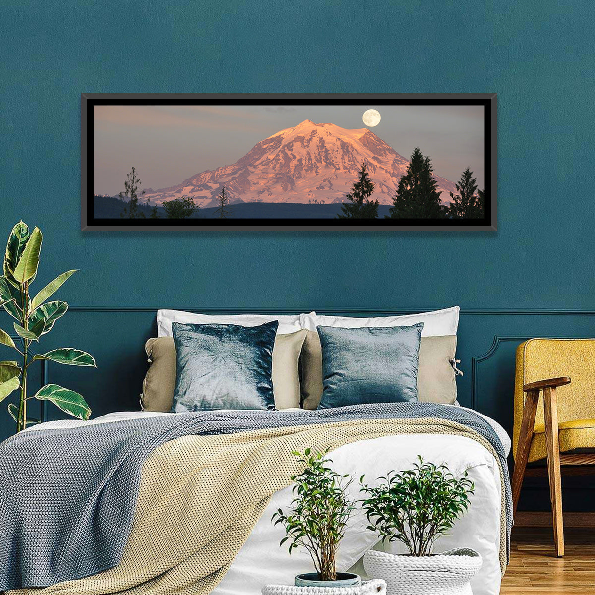 Mount Rainier Alpenglow with Full Moon Wall Art