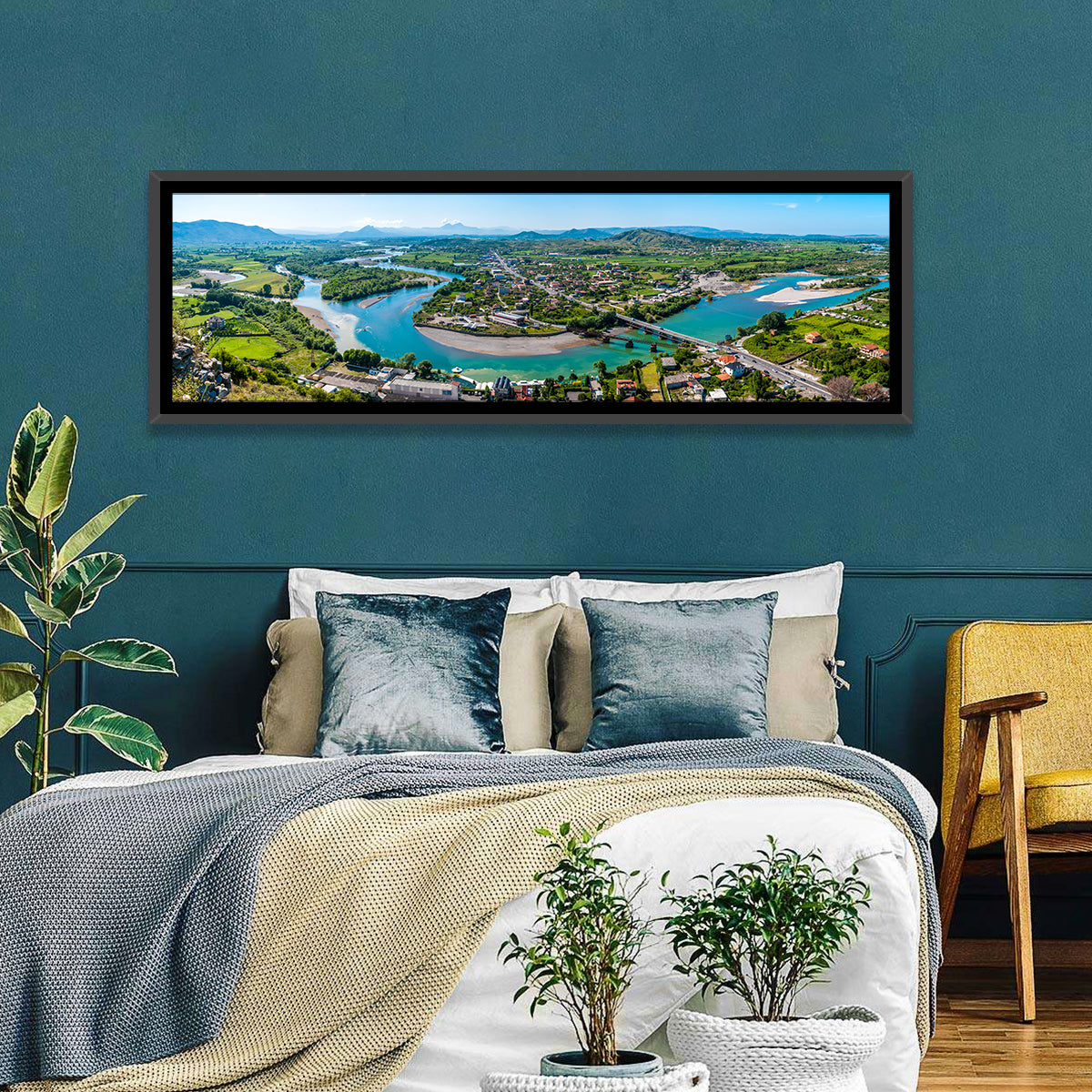 Shkodër River Valley Wall Art in a room, panoramic