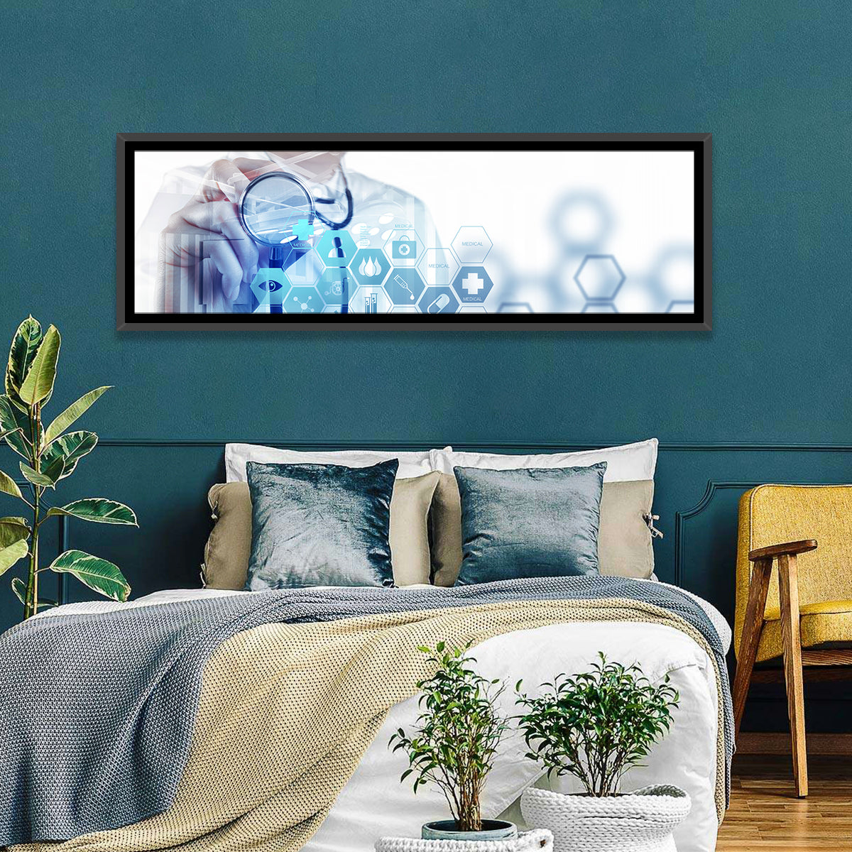 Stethoscope Checkup with Medical Icons Wall Art in a room, panoramic