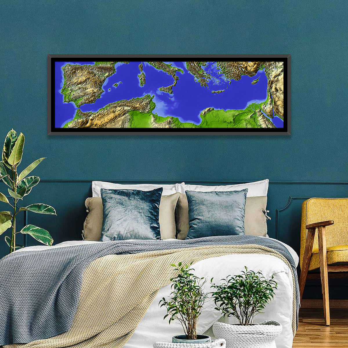 Mediterranean Sea Shaded Relief Map Wall Art in a room, panoramic