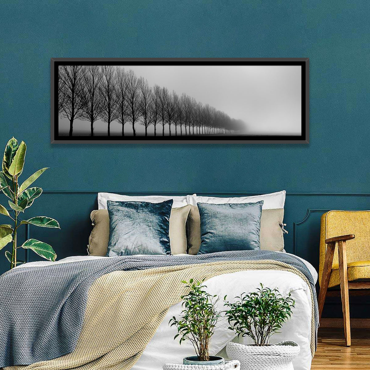Misty Row of Bare Trees Wall Art in a room, panoramic