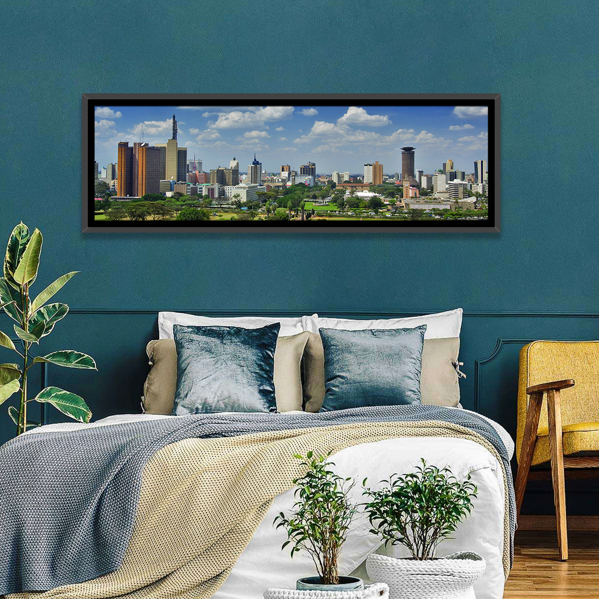 Nairobi Skyline Wall Art in a room, panoramic