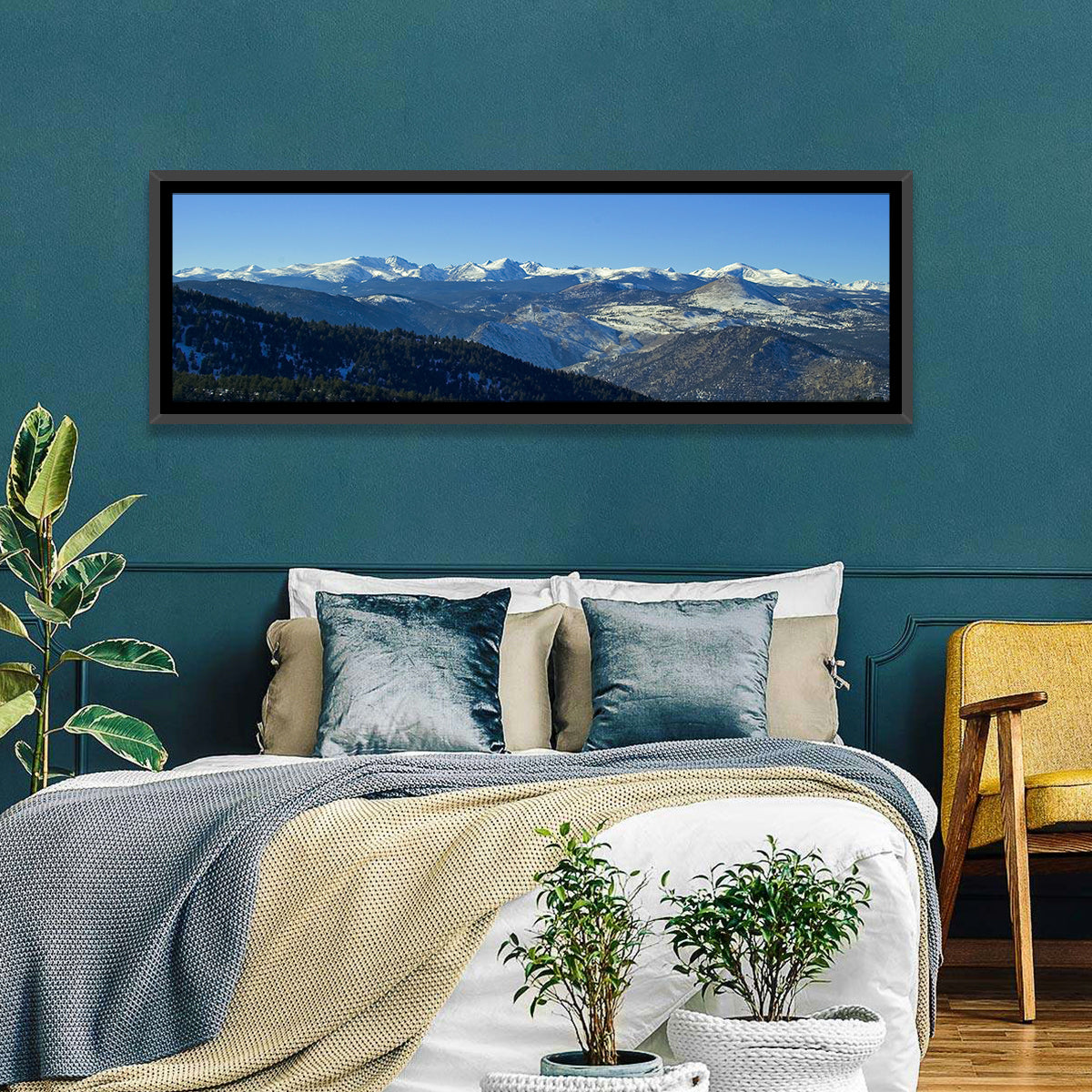 Snow-dusted Colorado Rockies Wall Art in a room, panoramic