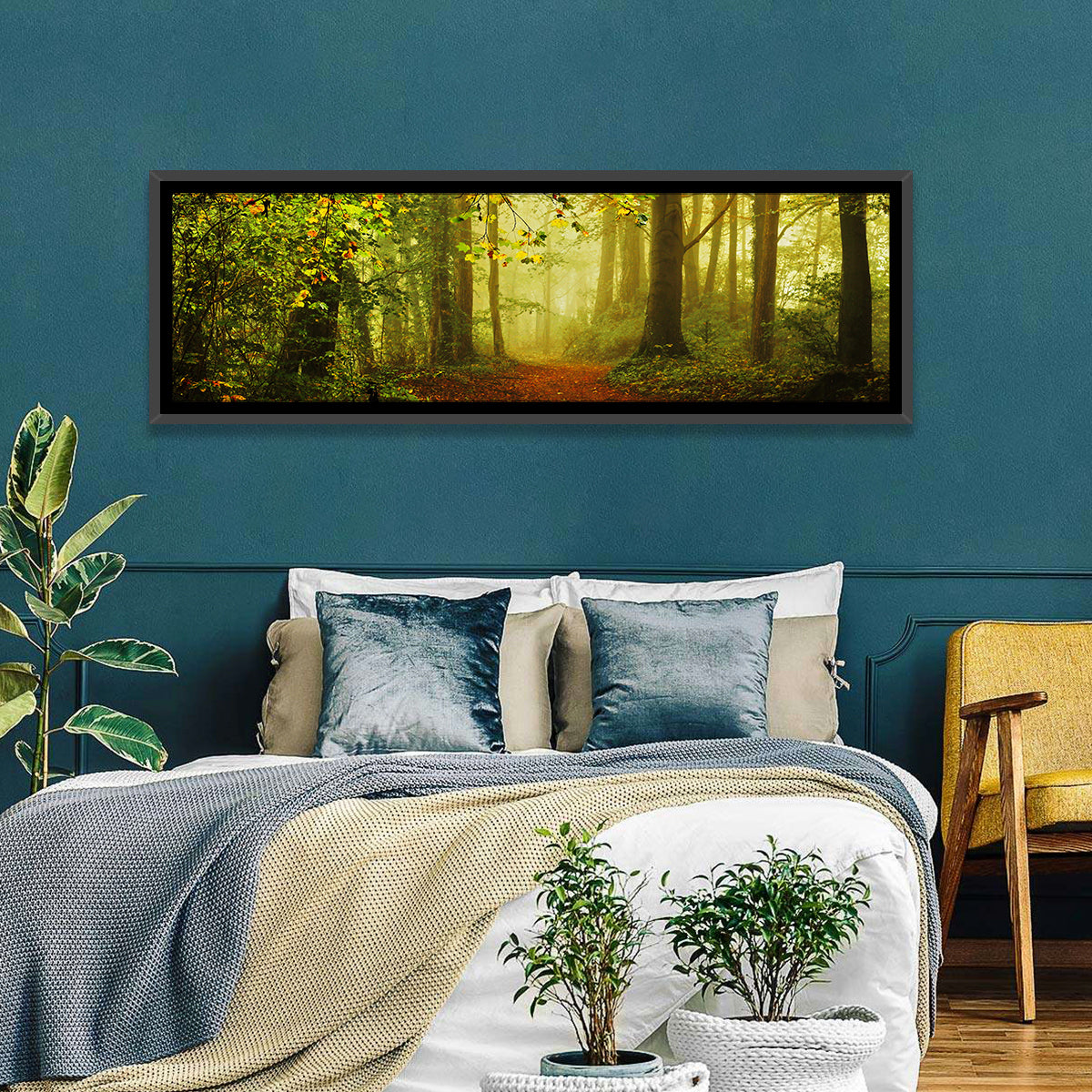 Smoggy Forest Wall Art in a room, panoramic