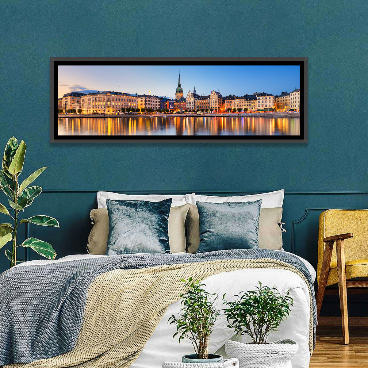 Gamla Stan Night Reflections Wall Art in a room, panoramic