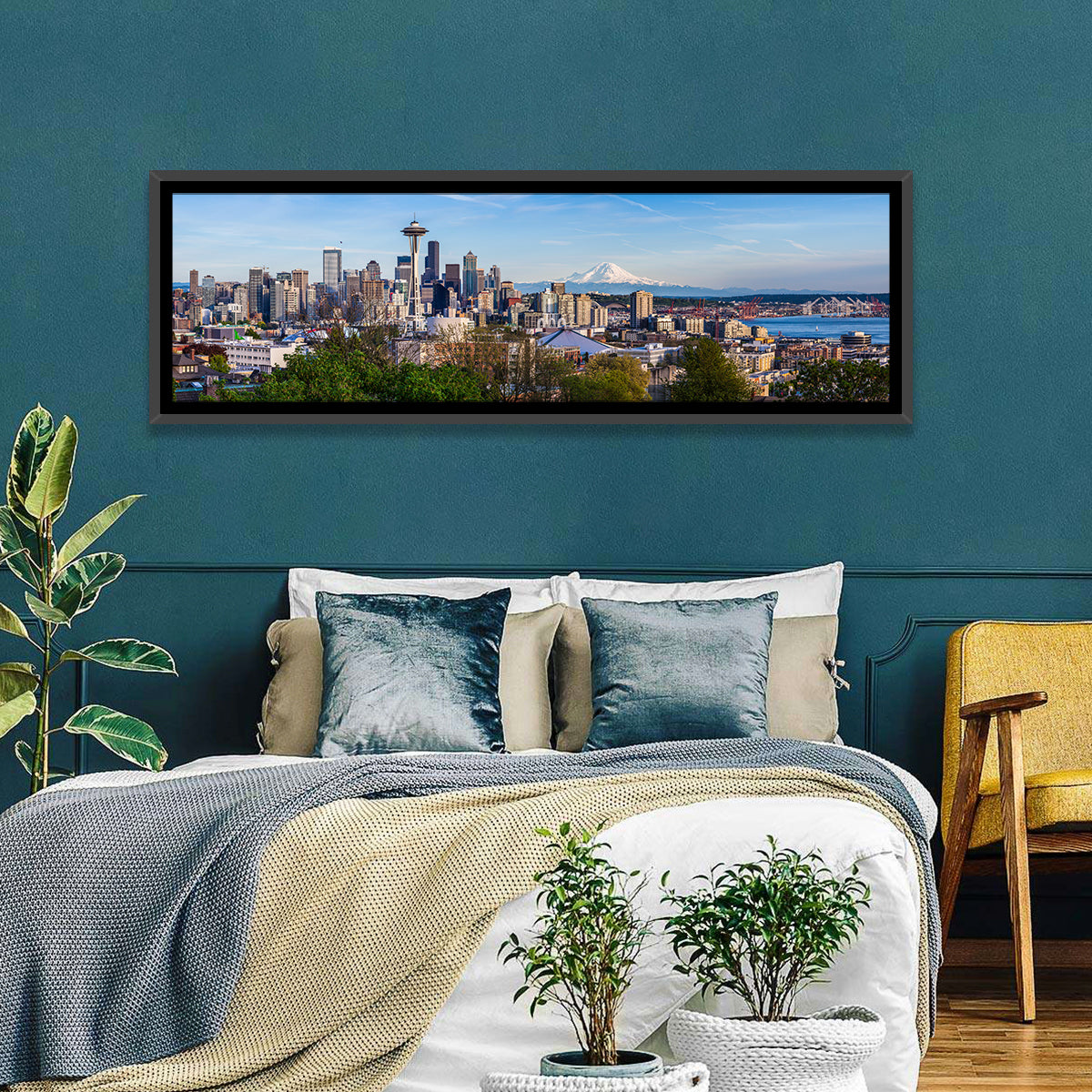 Seattle Skyline with Mount Rainier Wall Art in a room, panoramic