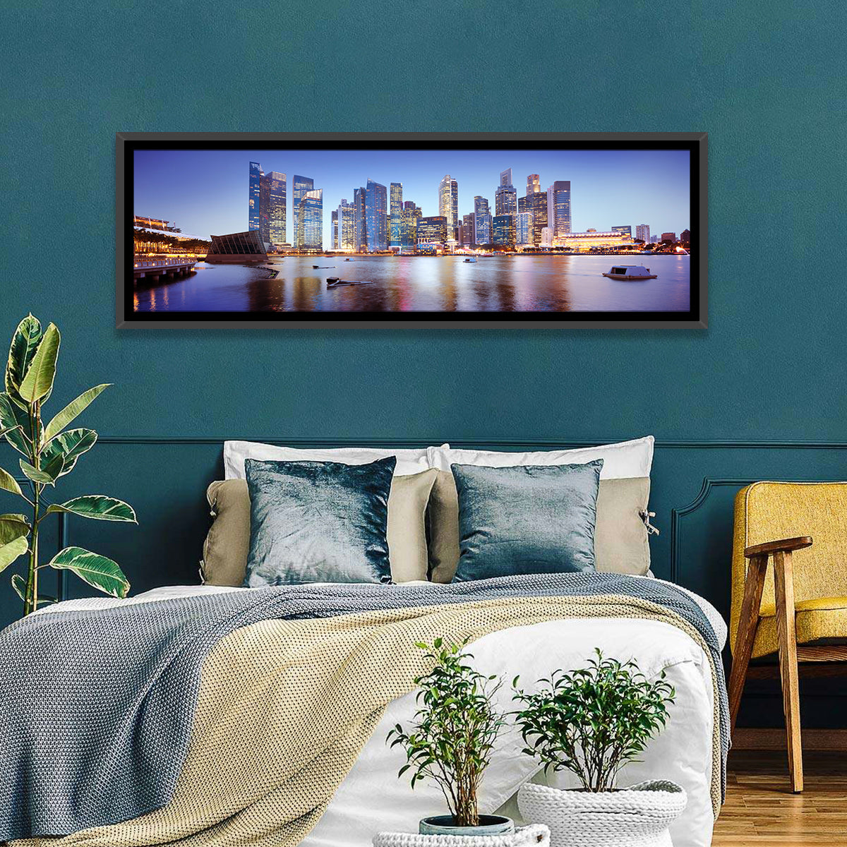 Singapore Marina Bay Skyline at Twilight Wall Art in a room, panoramic