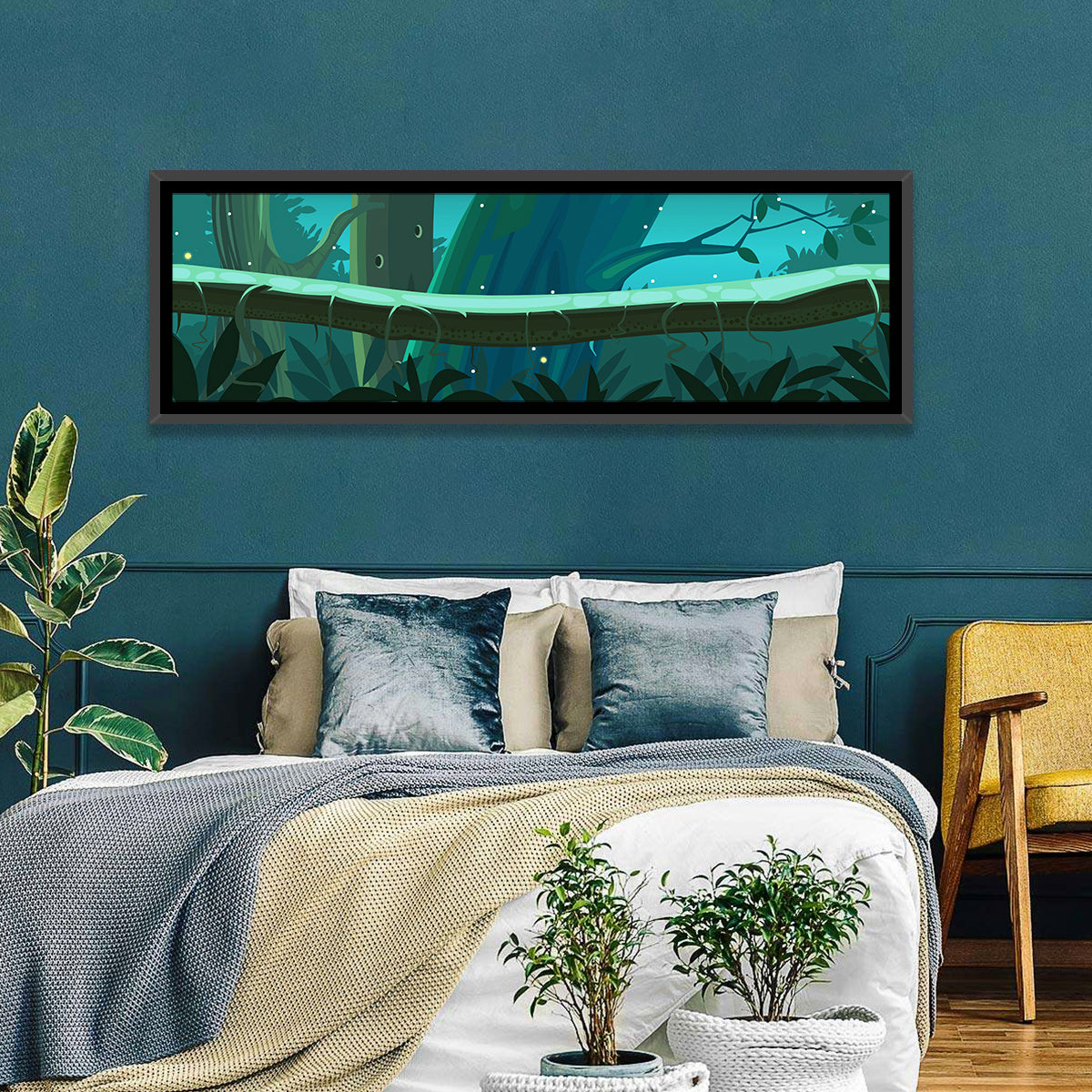 Digital Jungle Night Wall Art in a room, panoramic