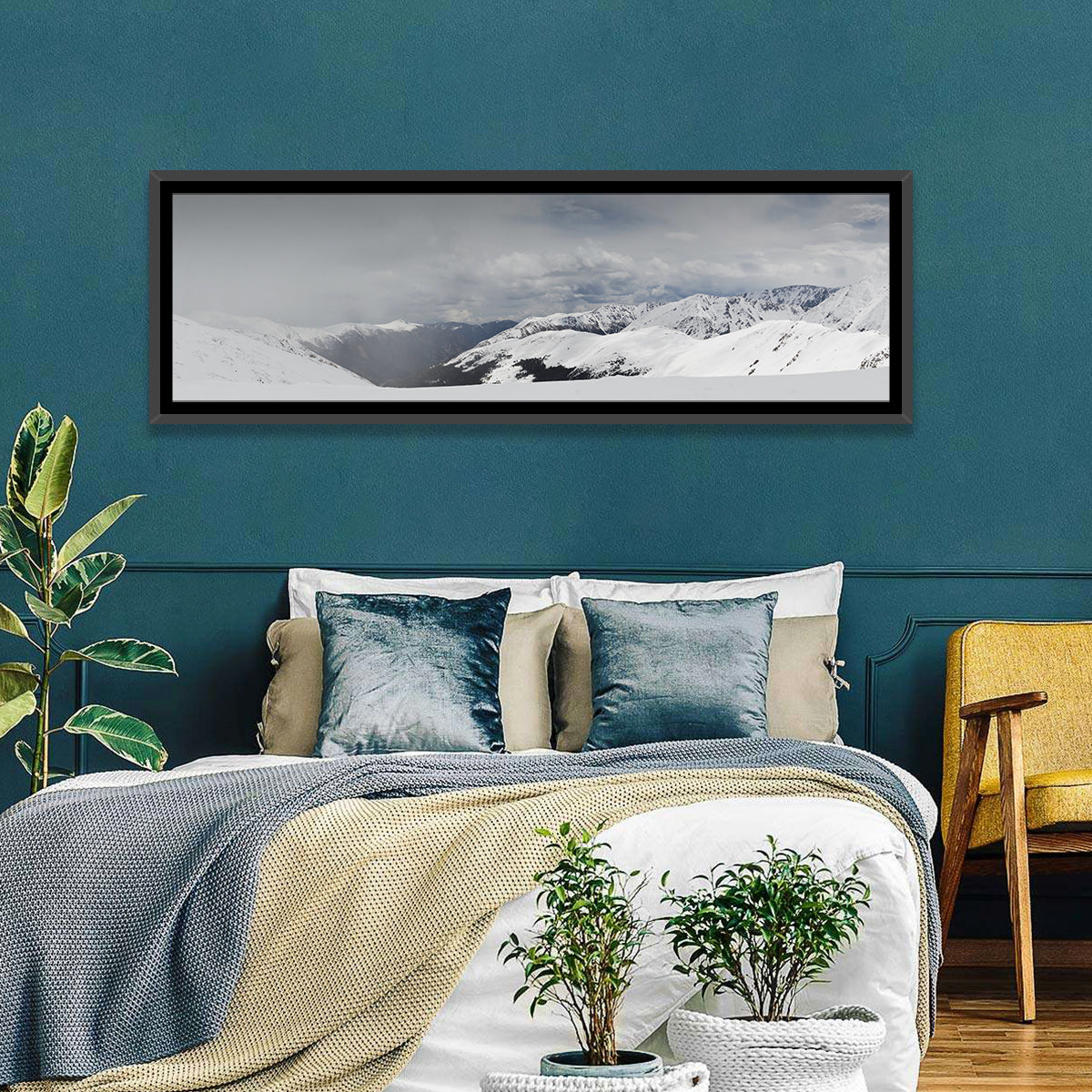 Snowy Colorado Mountains Wall Art in a room, panoramic