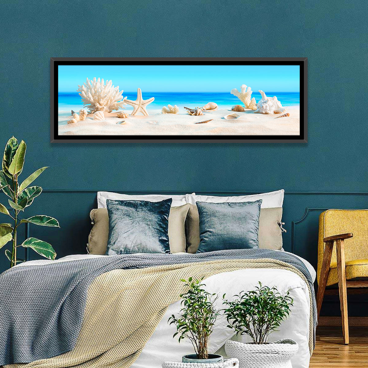 Seashells on Turquoise Shore Wall Art in a room, panoramic