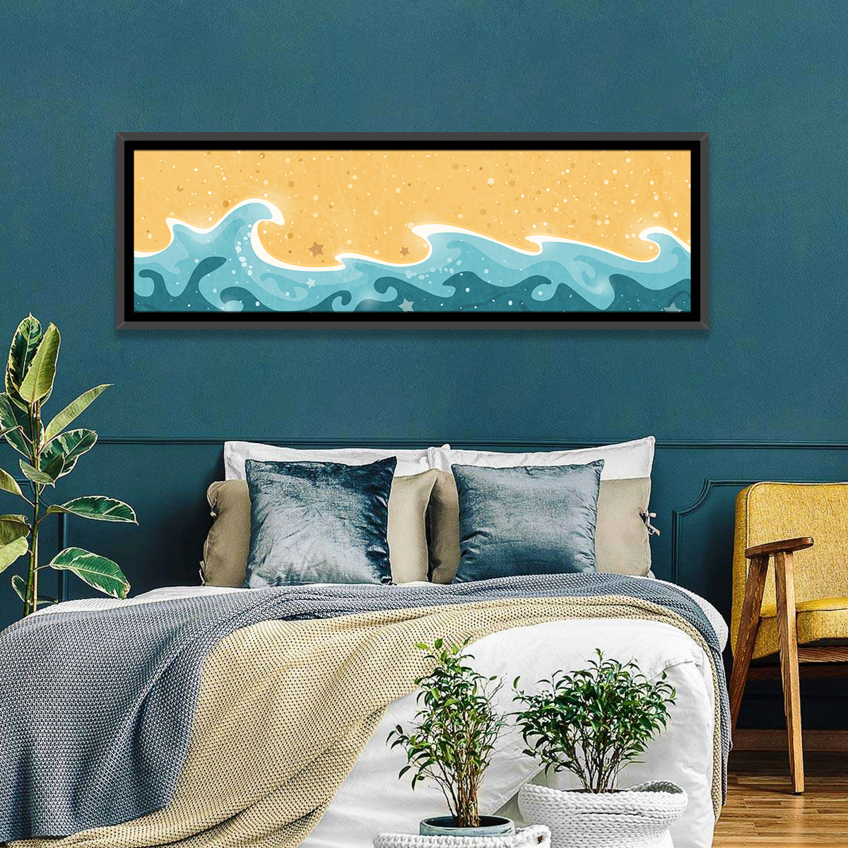 Whimsical Starry Waves Abstract Wall Art in a room, panoramic
