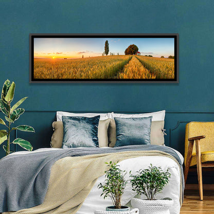 Sunset Wheat Field with Red Roof Cottage Wall Art